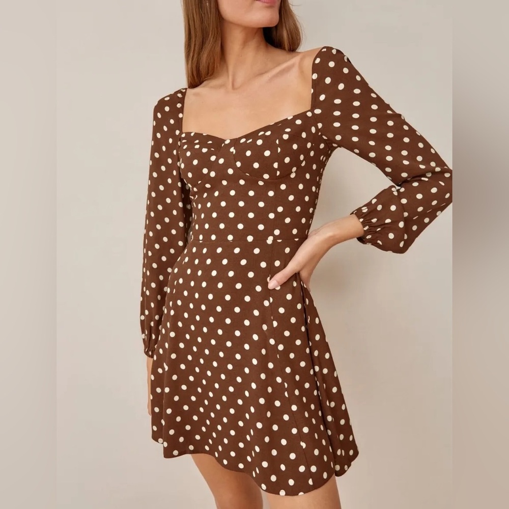 NWOT Reformation Mochi dress, long sleeve brown polka dot